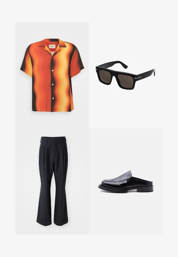 Chemise à manches courtes avec boutons, de couleur orange vif et noir, ornée d'un motif ondulé. Fabriquée en tissu lisse, elle possède des boutons blancs et un col.; Pantalons noirs ajustés avec une coupe décontractée, devant plissé et jambes larges. Caractéristiques d'un ourlet à retournement et d'une texture de tissu lisse.; Mocassin à enfiler en cuir verni noir, bout carré, talon plat, avec une plaque métallique "Moschino Milano" sur le côté.; Lunettes de soleil noires carrées avec des verres teintés, dotées d'accents dorés sur les branches et d'une texture en plastique lisse.