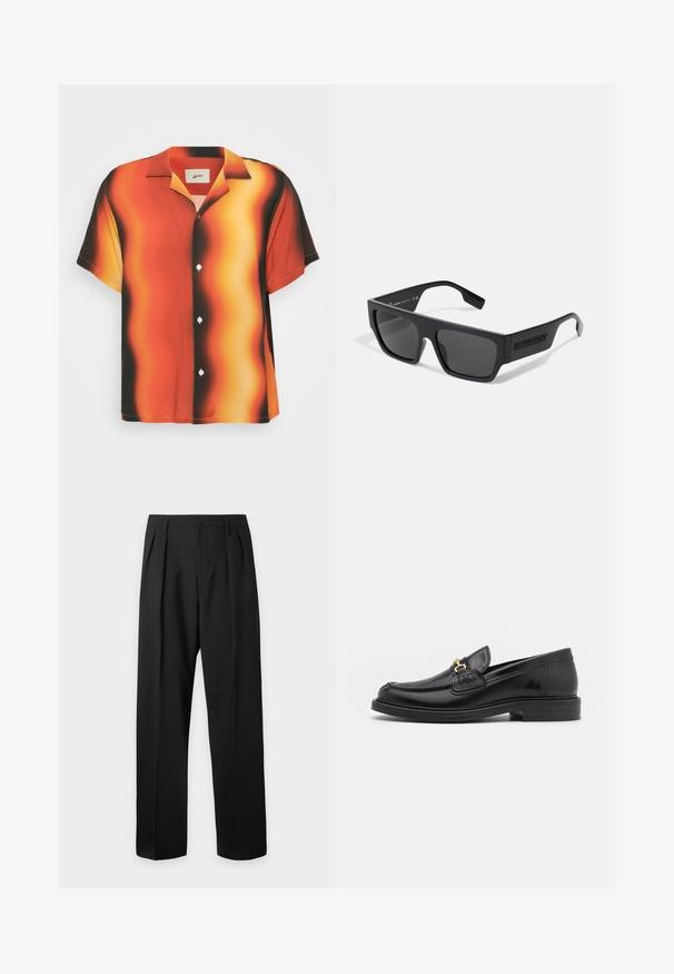 Kurzärmliges Hemd mit Knopfleiste in leuchtendem Orange und Schwarz mit wellenförmigem Muster. Hergestellt aus glattem Stoff, mit weißen Knöpfen und einem Kragen.; Schwarze hoch taillierte maßgeschneiderte Hose mit Gürtelschlaufen, vorderen Falten, Knopfverschluss und geraden, weiten Beinen auf hellem Hintergrund.; Schwarze Lederleter mit einer abgerundeten Zehenpartie, ausgestattet mit goldenen Hardwareakzenten und Stichdetails, auf einer niedrigen, strukturierten Gummisohle.; Schwarze Sonnenbrille mit rechteckiger Form, mattem Finish und grauen Gläsern. Mit eingeprägtem Logo an den Bügeln. Klassisches Design.