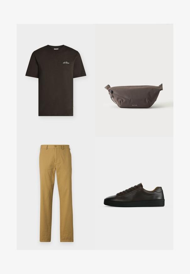 T-shirt noir à manches courtes avec petit logo blanc "Les Deux" sur la poitrine gauche, col rond, présenté sur un fond clair uni.; Pantalon en coton beige à coupe droite, avec poches avant et fermeture à bouton. Texture lisse et design minimal, sans motifs visibles.; Baskets basses en cuir marron foncé avec semelle en caoutchouc noire, lacets à l'avant et design minimaliste épuré sur fond clair.; Sac banane en tissu marron foncé avec poche zippée en diagonale et petit logo blanc sur le devant, sur un fond clair uni.
