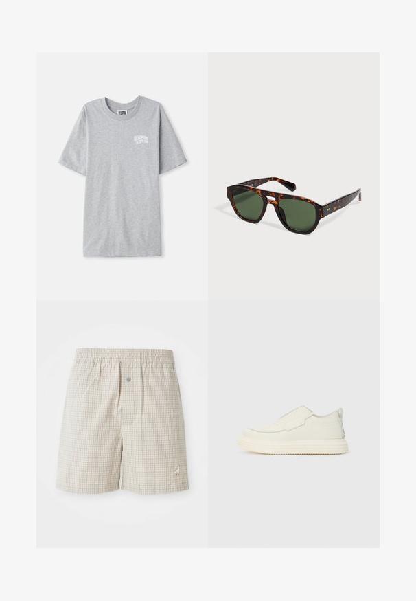 Camiseta de manga corta gris claro con pequeño logo blanco de "Billionaire Boys Club" en el lado izquierdo del pecho.; Pantalones cortos de cuadros en beige claro con una textura suave, cintura elástica y un bordado decorativo de un ganso blanco cerca del dobladillo.; Zapatilla slip-on en material texturizado color blanco roto con una suela gruesa y estriada. Presenta costuras mínimas y un sutil acento azul claro.; Gafas de sol rectangulares con estampado carey, lentes verde oscuro y puente en forma de ojo de cerradura sobre un fondo neutro.
