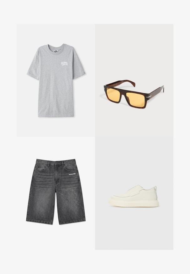 Lichtgrijze T-shirt met korte mouwen en klein wit logo "Billionaire Boys Club" op de linkerborst.; Zwarte denim knielange shorts met voorzakken, riemlussen, knoopsluiting en "PEGADOR" logo op het rechterzakgebied.; Instapsneaker in off-white, gestructureerd materiaal met een dikke, geribbelde zool. Voorzien van minimale naden en een subtiele lichtblauwe accent.; Rechthoekige zonnebril met schildpaddessin, brede monturen en geel getinte glazen op een witte achtergrond.