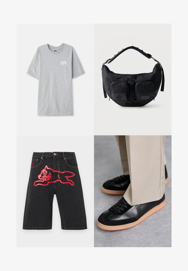 Helle graue kurzärmelige T-Shirt mit kleinem weißen "Billionaire Boys Club"-Logo auf der linken Brust.; Schwarze Jeansshorts mit gelber Naht und einem großen roten Umriss eines rennenden Comic-Hundes auf der Vorderseite.; Paul Smith COMO - Sneaker low - black; Schwarze, sichelförmige Schultertasche mit gepolstertem, verstellbarem Riemen und zwei vorderen Reißverschlusstaschen mit Zuglaschen.