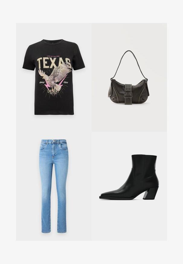 Schwarzes Baumwoll-T-Shirt mit einem Grafikdesign eines Hawks, fettem Text "TEXAS" in Creme und Pink, Blitzen als Akzenten und einem Vintage-Design.; Helle blaue Denim-Jeans mit geradem Bein, hohem Bund, traditioneller fünf Taschen-Optik und dezenten Ausbleichungen.; Schwarze Leder-Stiefelette mit spitzem Zeh, schlanker Silhouette und klobigem quadratischem Absatz. Glatte Textur mit minimalen Nähdetails.; Schwarze Leder-Schultertasche mit Schnallengurt-Detail, abgerundeten Kanten und kontrastierenden weißen Nähten auf schlichtem Hintergrund.
