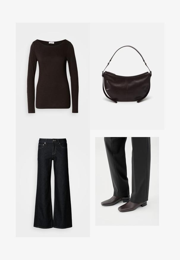 T-shirt noir à manches longues, ajusté, avec un col rond, légèrement texturé et une petite étiquette de marque blanche à l'intérieur du col.; Jean en denim foncé à jambes larges avec une taille haute, un design à cinq poches et une couture contrastée jaune le long des coutures.; Chaussures en cuir marron foncé avec un bout carré et un petit talon bloc, portées avec un pantalon noir sur mesure, affichant une apparence élégante et polie.; Sac à épaule en cuir marron foncé avec une forme courbe, texture lisse et une seule sangle réglable. Doté d'une fermeture éclair.