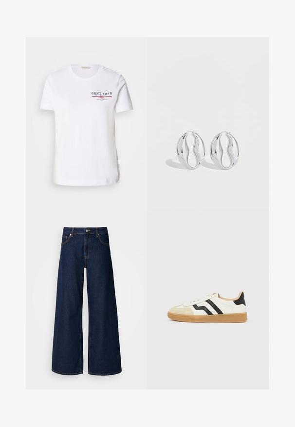 Λευκό βαμβακερό T-shirt με στρογγυλή λαιμόκοψη, κοντά μανίκια και λογότυπο μπροστά που φέρει το "GANT 1949" σε ναυτικό και κόκκινο χρώμα, με οριζόντιες ρίγες.; Φαρδύ παντελόνι από σκούρο μπλε τζιν με υψηλή μέση, μπροστινές τσέπες και κλείσιμο με κουμπί. Διαθέτει αντίθετη ραφή και λείες υφές.; Λευκό αθλητικό παπούτσι με μπεζ κάλυμμα στα δάχτυλα, μαύρες ρίγες στο πλάι, ανοιχτό καφέ σόλα και χαμηλό κόψιμο.; Ζευγάρι λαμπερά ασημένια κρίκοι σκουλαρίκια με στριφτή, κυματιστή σχεδίαση, εκτεθειμένα σε απλό ανοιχτό φόντο.