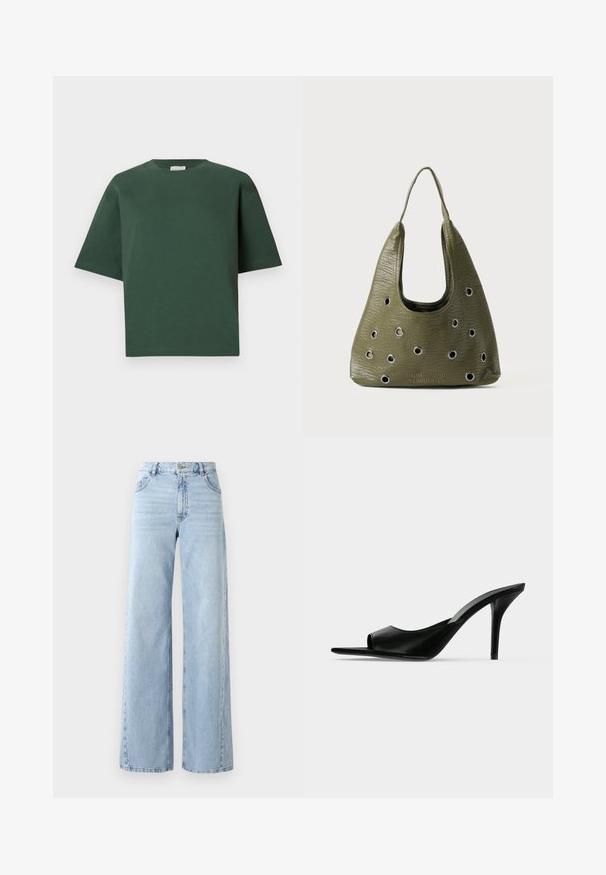 T-shirt en coton vert avec une coupe décontractée, col rond et manches courtes. Texture lisse et design minimaliste.; Jean en denim léger bleu clair à jambes larges avec taille haute, cinq poches et texture décolorée. Présente des détails cousus et une coupe droite à l'ourlet.; Mule à talon haut en cuir noir à bout ouvert avec un talon stiletto fin, vue de profil sur un fond uni.; Sac en cuir vert olive avec une surface texturée, de design hobo, et des découpes circulaires. Présente un logo en bas et une seule bandoulière.