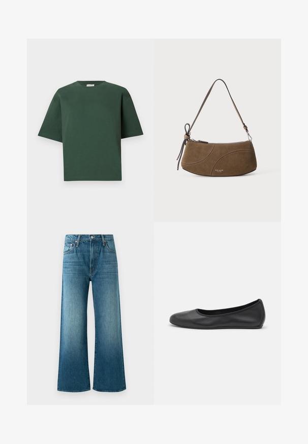 T-shirt en coton vert avec une coupe décontractée, col rond et manches courtes. Texture lisse et design minimaliste.; Jean large en denim bleu avec des détails délavés, poches avant, passants de ceinture et fermeture à bouton.; Ballerines en cuir noir avec un bout rond, texture lisse, détails de couture minimalistes et design de semelle flexible.; Sac à bandoulière en daim marron avec une sangle courte, une fermeture éclair et des détails de couture courbes subtils.