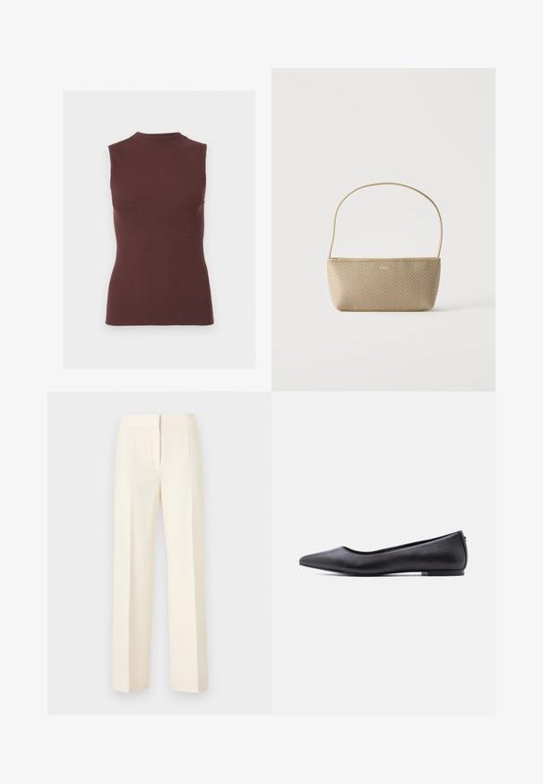 Top sans manches en maille côtelée marron foncé avec col montant et silhouette ajustée.; Pantalon droit sur mesure couleur blanc cassé avec pli avant, ceinture et fermeture avant dissimulée sur un fond uni.; Chaussure plate en cuir noire à bout pointu avec petit talon, vue de profil sur fond blanc.; Sac à main tissé beige avec fine bandoulière et petit logo doré "BOSS" à l'avant, présenté sur fond blanc uni.