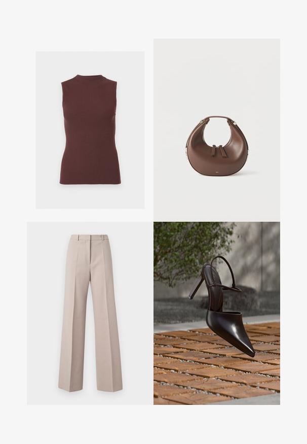 Top sans manches en maille côtelée marron foncé avec col montant et silhouette ajustée.; Pantalons beige à jambes larges en tissu lisse, avec une taille haute, des plis avant et une silhouette ajustée.; Mule noire brillante à talons hauts avec bout pointu et bride à la cheville, suspendue au-dessus d'une surface carrelée en terre cuite avec des interstices remplis de gravier.; Sac à main en cuir marron en forme de croissant avec une poignée supérieure et deux curseurs de fermeture éclair, sur fond blanc.