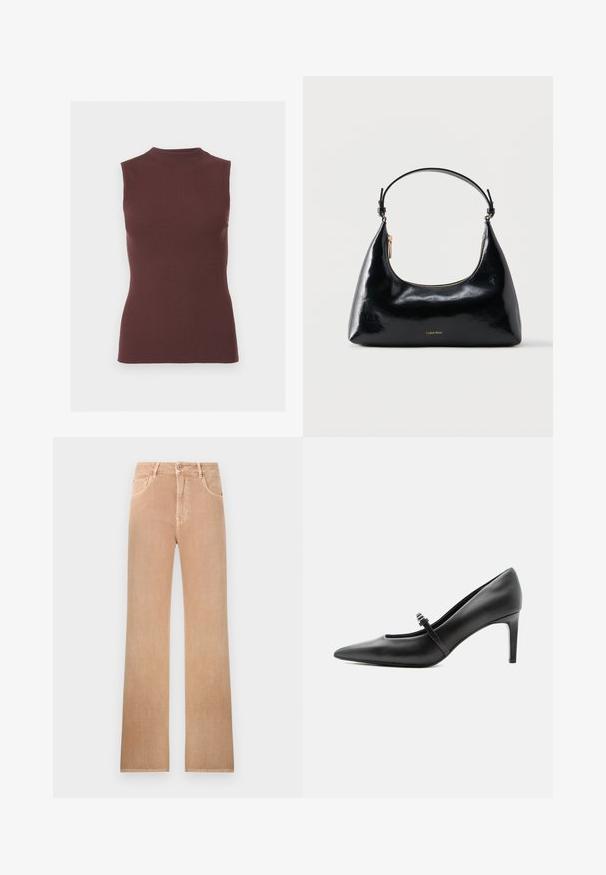 Top sans manches en maille côtelée marron foncé avec col montant et silhouette ajustée.; Jean taille haute à jambes droites de couleur marron clair avec bouton frontal, fermeture éclair, passants de ceinture et design à cinq poches.; Escarpin noir en cuir à bout pointu avec une fine bride et une boucle sur le cou-de-pied, posé sur un fond clair neutre.; Sac à main Calvin Klein noir brillant avec fermeture éclair dorée et anse courte sur fond blanc uni.