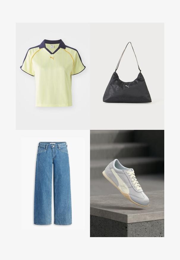 Polo shirt jaune avec col bleu marine, rayures verticales et accents jaunes. Dispose de manches courtes et d'un col en V. Logo Puma sur la poitrine.; Jean large en denim bleu clair, avec une taille haute, cinq poches et un zip boutonné classique. Coupe droite de la cuisse à l'ourlet.; Baskets en daim gris clair avec une bande en cuir blanche et une semelle en gomme, suspendues au-dessus d'un rebord en béton avec des marches grises floues en arrière-plan.; Sac à bandoulière triangulaire noir avec une fine sangle, motif monogramme subtil et petit logo Puma argenté au centre.