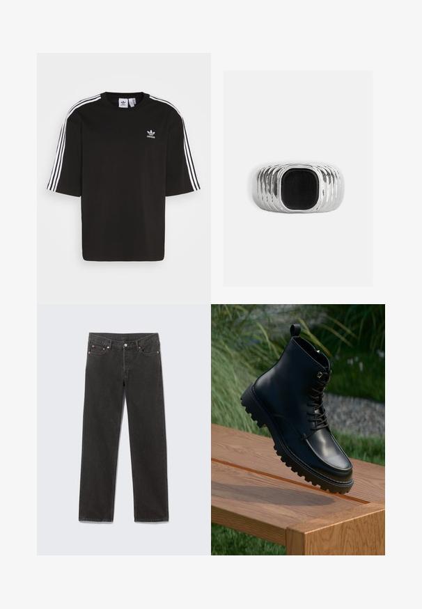 Čierne tričko s krátkymi rukávmi vyrobené z bavlny, s bielymi trojpruhovými detailmi na ramenách a vyšitou logom Adidas na hrudi.; Čierne džínsy so strihom rovnej nohy, prednými vreckami, očkami na opasok a zapínaním na gombík, položené na sivej podložke.; Čierne kožené členkové topánky s hladkým povrchom, šnurovaním vpredu, hrubou ryhovanou podrážkou a pútkom. Položené na drevenej ploche.; Strieborný prsteň s textúrovaným pásom, na ktorom sa v strede nachádza veľký čierny obdĺžnikový kameň a po stranách viacero nastrkaných rýh.