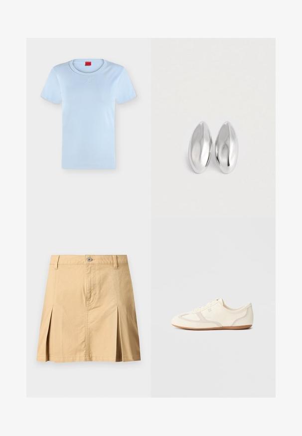 T-shirt bleu clair à manches courtes avec col rond et logo "HUGO" en relief subtil centré sous le col, ainsi qu'une étiquette intérieure rouge.; Jupe beige longueur genou avec passants de ceinture, fermeture à boutons sur le devant, deux plis avant et coutures visibles sur fond uni.; Baskets couleur crème avec une tige en daim et tissu, un bout arrondi, et une semelle en caoutchouc avec un détail accent beige. Fermeture à lacets.; Paire d'objets ovales en argent luisant et lisse disposés côte à côte sur un fond blanc uni.