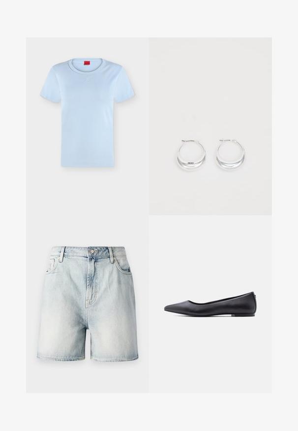 T-shirt bleu clair à manches courtes avec col rond et logo "HUGO" en relief subtil centré sous le col, ainsi qu'une étiquette intérieure rouge.; Shorts en denim bleu clair avec fermeture par bouton, cinq poches et une texture délavée. Coupe droite au design classique.; Chaussure plate en cuir noire à bout pointu avec petit talon, vue de profil sur fond blanc.; Boucles d'oreilles en argent avec une finition polie et un branding DKNY, présentées sur un fond blanc uni.
