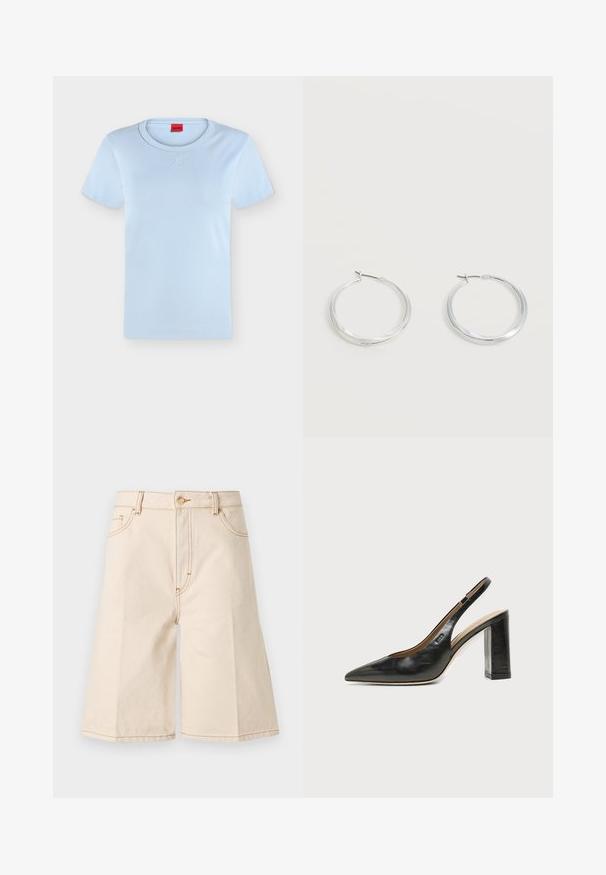 T-shirt bleu clair à manches courtes avec col rond et logo "HUGO" en relief subtil centré sous le col, ainsi qu'une étiquette intérieure rouge.; Shorts en denim beige taille haute longueur au genou avec bouton et fermeture éclair à l'avant, passants pour ceinture, ainsi que poches latérales et poche monnaie.; Chaussure slingback en cuir noir à bout pointu avec un talon bloc haut et une doublure intérieure beige sur un fond clair uni.; Boucles d’oreilles créoles en métal argenté avec une surface lisse légèrement incurvée et des fermoirs à clapet sur un fond blanc uni.
