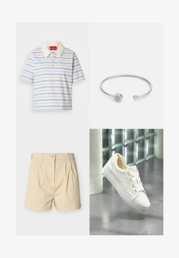 Camisa polo de manga corta en color crema con rayas horizontales azules y marrones, con un cuello abotonado y un pequeño logo en el lado izquierdo del pecho.; Pantalones cortos beige de algodón con frente plisado, cierre de botón y dobladillo doblemente cosido. El diseño presenta un corte recto y bolsillos laterales.; Zapatillas de cuero blancas con una textura suave, punta redonda y suela plana. Presentan detalles en dorado y cordones blancos para un ajuste seguro.; Pulsera de puño de plata con un extremo esférico y un detalle hexagonal que presenta piedras incrustadas. Diseño minimalista, textura suave.
