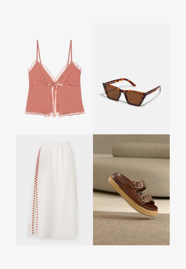 Camisole en rose poussiéreux avec dentelle, bretelles spaghetti ajustables et un nœud en satin à la taille. Tissu doux avec un design fluide.; Jupe blanche avec une taille élastique, ornée d'un motif à carreaux rouges sur un côté. Tissu léger avec une texture lisse.; Sandale mule en cuir marron avec deux boucles dorées et une épaisse semelle plateforme tissée sur un tapis beige et un canapé en arrière-plan.; Lunettes de soleil teintées de brun avec un motif écaille de tortue, monture angulaire et branches fines. Matériau en plastique léger.