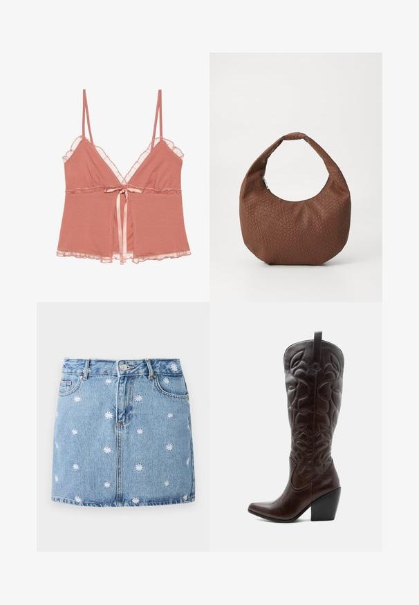 Camisole en rose poussiéreux avec dentelle, bretelles spaghetti ajustables et un nœud en satin à la taille. Tissu doux avec un design fluide.; Jupe en denim bleu clair ornée de motifs de fleurs blanches brodés, dotée de cinq poches et d'une fermeture à boutons, avec une coupe droite et mini.; Botte de cowboy haute en cuir marron foncé avec motifs décoratifs cousus, bout pointu et talon bloc empilé.; Sac à main tressé marron avec une forme arrondie, doté d'une seule anse rembourrée et d'une surface texturée. Aucun matériel ou accent visible.