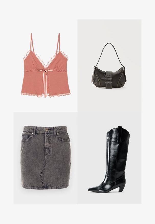 Camisole en rose poussiéreux avec dentelle, bretelles spaghetti ajustables et un nœud en satin à la taille. Tissu doux avec un design fluide.; Jupe en denim grise avec une texture côtelée verticale, dotée d'une fermeture à boutons sur le devant, de deux poches latérales et d'un ourlet droit.; Bottes en cuir noir montantes jusqu'au genou, avec une pointe effilée, un talon bas, et des détails de couture décoratifs sur les côtés. Fini lisse et brillant.; Sac à épaule en cuir noir avec une sangle à boucle, des bords arrondis et des coutures blanches contrastées sur un fond uni.