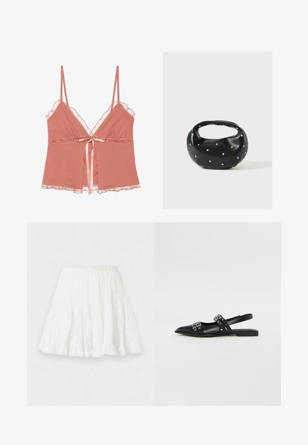 Camisole en rose poussiéreux avec dentelle, bretelles spaghetti ajustables et un nœud en satin à la taille. Tissu doux avec un design fluide.; Jupe blanche à volants avec taille élastique et ourlet volanté, fabriquée en tissu léger.; Even&Odd Ballerines à brides arrière - black; Sac à main en cuir noir de forme arrondie, décoré de clous argentés et équipé d'une poignée courte. Texture lisse et fermeture éclair.