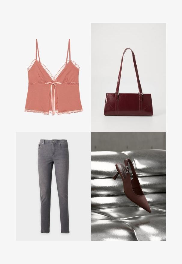 Støvet rosa camisole med blondekant, justerbare spaghettistropper og et satinbånd i taljen. Blødt stof med et flagrende design.; Slim-fit grå denim jeans med frontknap, lynlås, bæltestropper og fem-lomme design, vist på en ensartet lys baggrund.; Brun spids slingback-sko med lav hæl og spænde, hvilende på en skinnende, metallisk sølv tuftet overflade.; Bordeaux håndtaske lavet af glansfuldt materiale, rektangulær form, med to skulderremme og subtile buede detaljer på forsiden.