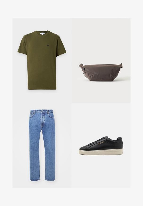Olijfgroene katoenen t-shirt met een ronde hals en korte mouwen. Bevat een klein zwart embleem op de linker borst. Eenvoudige textuur.; Won Hundred STEVE - Relaxed fit jeans - cut blue; Zwarte leren sneaker met een gladde afwerking, contrasterende crèmekleurige zool, ronde neus, gouden logo aan de zijkant en zes gaatjes voor veters.; Donkerbruine stoffen heuptas met diagonale ritssluiting en klein wit logo aan de voorkant, tegen een effen lichte achtergrond.