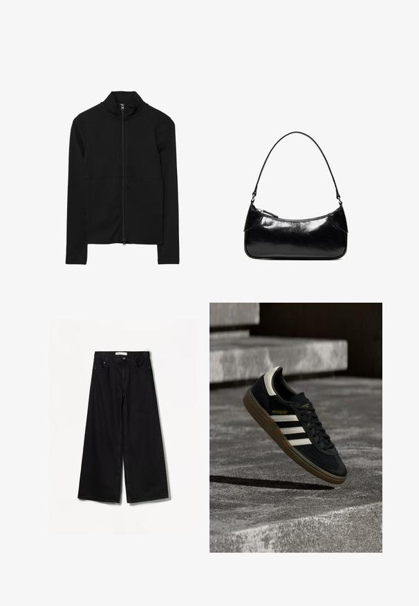 Veste zippée noire à manches longues avec col haut, fermeture éclair frontale sur toute la longueur et design ajusté.; Jean large noir en denim. Doté d'une taille haute, de poches avant et arrière, et d'un matériel argenté sur le bouton et la fermeture éclair.; Baskets Adidas noires avec des bandes blanches et une semelle en gomme flottant au-dessus d'escaliers en béton gris sous une lumière naturelle.; Sac à épaule en cuir noir brillant avec un seul compartiment zippé et une fine bandoulière arquée.