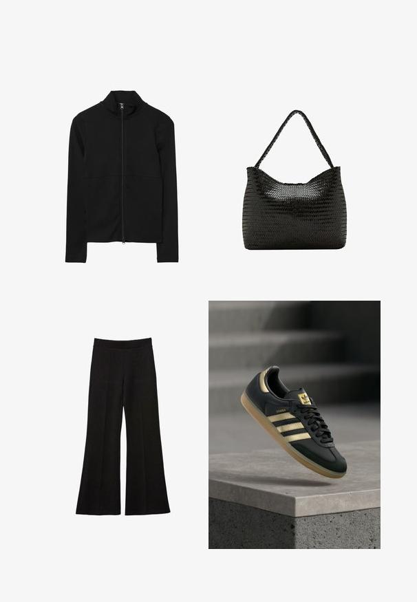 Veste zippée noire à manches longues avec col haut, fermeture éclair frontale sur toute la longueur et design ajusté.; Pantalon noir évasé taille haute avec coutures devant, ceinture élastique et jambes larges, présenté sur un fond blanc.; Baskets Adidas Samba noires avec des bandes dorées et une semelle en gomme, flottant au-dessus d'une surface en béton avec des escaliers flous en arrière-plan.; Sac bandoulière en cuir noir tressé avec une lanière unique tressée et une forme douce et rectangulaire arrondie.