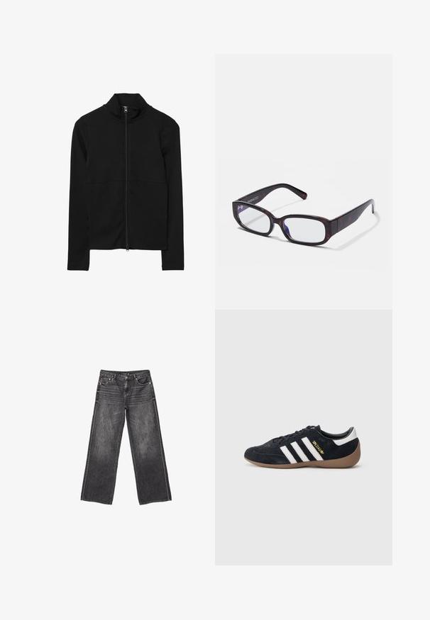 Veste zippée noire à manches longues avec col haut, fermeture éclair frontale sur toute la longueur et design ajusté.; Jean en denim gris foncé à jambes larges avec poches avant et arrière, fermeture à bouton et dégradé subtil.; Baskets en daim noir avec trois bandes blanches, semelle en caoutchouc beige, et un petit logo doré sur le côté. Dotées d'une doublure intérieure noire lisse.; Lunettes rectangulaires en écaille de tortue brune avec des verres transparents et des branches épurées, présentant une texture lisse et un design minimaliste.