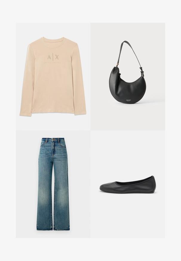 Langærmet, lys beige skjorte lavet af glat stof, med A|X-logo prydet med klare rhinsten og rund krave.; Lysblå denim vidbenede jeans har en høj talje, fem lommer og let rippede kanter, der viser en tekstureret, falmet finish.; Sort læderballetsko med rund tå, glat tekstur, minimal syning og et fleksibelt såldesign.; Sort læder skuldertaske i halvmåneform med justerbar rem og lille hvid logo tekst foran mod en lys baggrund.
