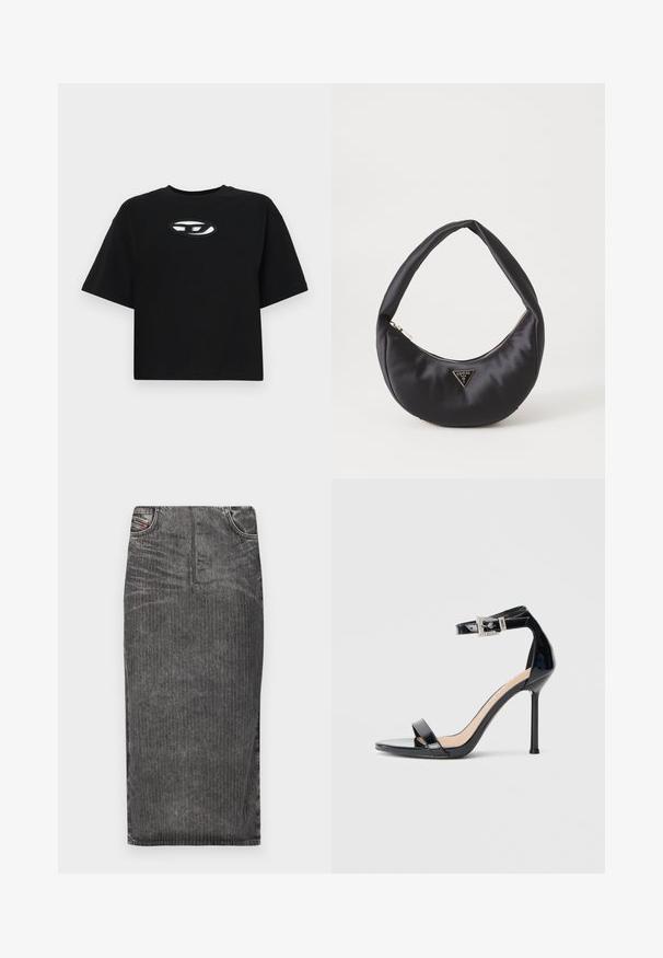 Sort bomulds T-shirt med en cropped design, korte ærmer og rund halsudskæring. Har et kontrastfyldt ovalt logo på brystet.; Grå denim midi-skjørt med vertikale striber, med høj talje, fem lomme-design og en ren kant.; Sort højhælet sandal i laklæder med ankelrem. Har minimalistisk design, åben tå og spænde med rhinsten-detaljer.; Sort satin håndtaske med en buet form, der har en lynlåslukning og et trekantet logo i metal på forsiden. Glat tekstur og slankt design.