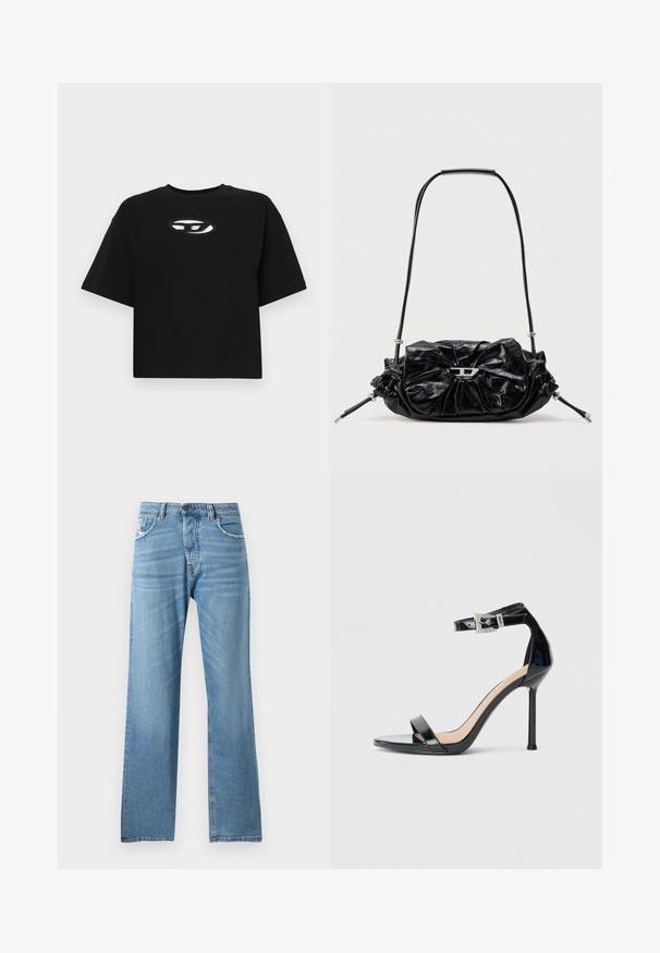 Μαύρη βαμβακερή μπλούζα t-shirt με cropped σχέδιο, κοντά μανίκια και στρογγυλή λαιμόκοψη. Διαθέτει αντίθετο οβάλ λογότυπο στο στήθος.; Ανοιχτό μπλε τζιν παντελόνι με ίσια γραμμή, διαθέτοντας κανονική μέση, πέντε τσέπες και διακριτική φθορά στο ύφασμα.; Μαύρο σανδάλι με ψηλό τακούνι από δερμάτινο πατέντα, με λουράκι στο αστράγαλο. Διαθέτει μινιμαλιστικό σχεδιασμό, ανοιχτή μύτη και αγκράφα διακοσμημένη με στρας.; Μαύρη δερμάτινη τσάντα χειρός με σχεδιασμό πιέτας και λεπτομέρεια φιόγκου στο μπροστινό μέρος. Διαθέτει κοντή λαβή και ασημένιες μεταλλικές λεπτομέρειες.