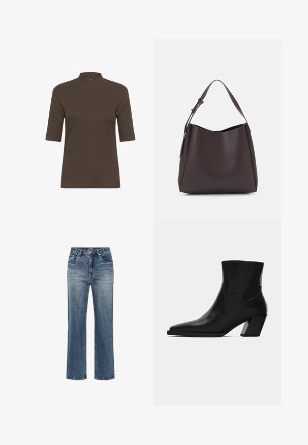 T-shirt marron à rayures avec col montant et manches courtes, présentant une texture lisse et une coupe ajustée.; Jean droit en denim bleu avec taille haute, fermeture boutons, et poches avant, présentant un léger effet délavé et de subtils détails whiskering.; Bottine en cuir noir avec un bout pointu, une silhouette élégante et un talon carré massif. Texture lisse avec des détails de couture minimalistes.; Vero Moda VMLANE - Cabas - chocolate torte