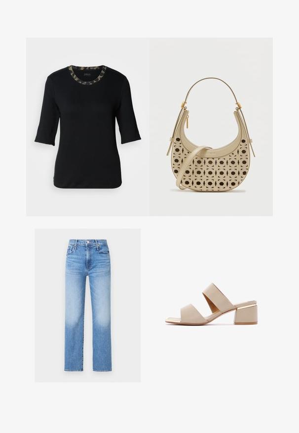 T-shirt noir à manches courtes avec un col rond, doté d'un col à motif camouflage. Fabriqué en tissu doux et extensible avec une texture lisse.; Jean en denim bleu taille haute, coupe droite, avec poches avant, passants pour ceinture, bouton, et détails délavés sur les cuisses et les genoux.; Mule à talon ouvert beige avec deux larges brides et un talon bloc doté d'un détail doré subtil.; Sac à main en cuir beige en forme de croissant avec des motifs géométriques perforés, une poignée supérieure et une bandoulière réglable sur fond blanc.