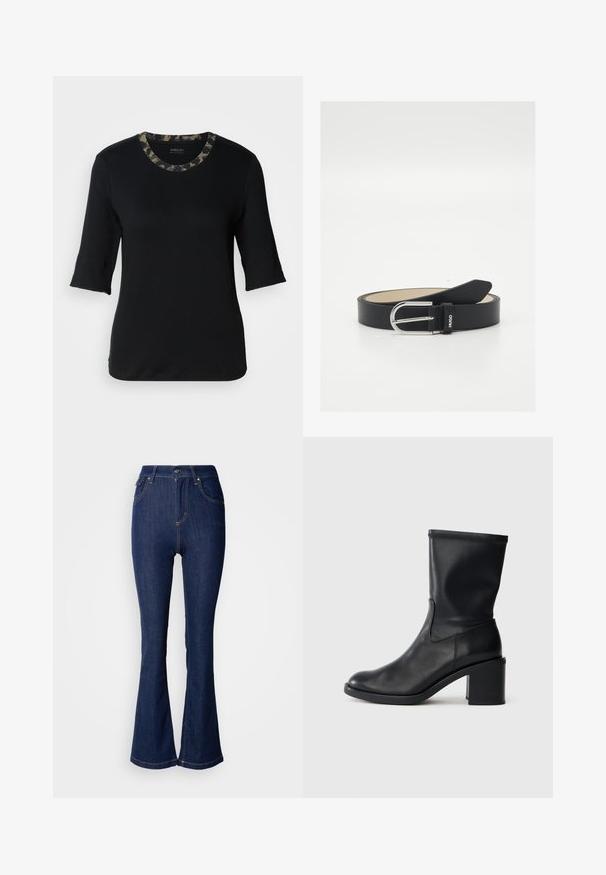 T-shirt noir à manches courtes avec un col rond, doté d'un col à motif camouflage. Fabriqué en tissu doux et extensible avec une texture lisse.; Jean flare bleu foncé en denim avec une taille haute, présentant des poches avant, des coutures contrastées et une fermeture à bouton.; Botte en cuir noir à cheville avec un bout rond, texture lisse et un talon épais, présentant un tige ajustée et un subtil détail de couture.; Ceinture en cuir noir avec une finition texturée, boucle en acier inoxydable, et logo en relief. Design simple avec une largeur standard et une extrémité effilée.
