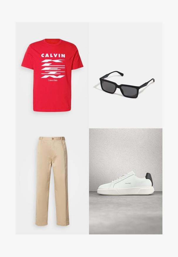 Červené bavlnené tričko s výrazným bielym textom "CALVIN KLEIN" a diagonálnym pruhovaným dizajnom. Krátke rukávy a okrúhly výstrih.; Béžové nohavice vyrobené z ľahkého materiálu, s rovnou nohavicou, pásom s pútkami na opasok a jedným predným zapínaním na gombík.; Biele tenisky s hladkým koženým zvrškom, plochými šnúrkami a vyvýšenou bielou podrážkou. Sú doplnené čiernym akcentom na päte a vyrazeným logom.; Čierne slnečné okuliare s obdĺžnikovými šošovkami, matným povrchom, hrubými rámami a štíhlymi stranicami s jemným brandingom.