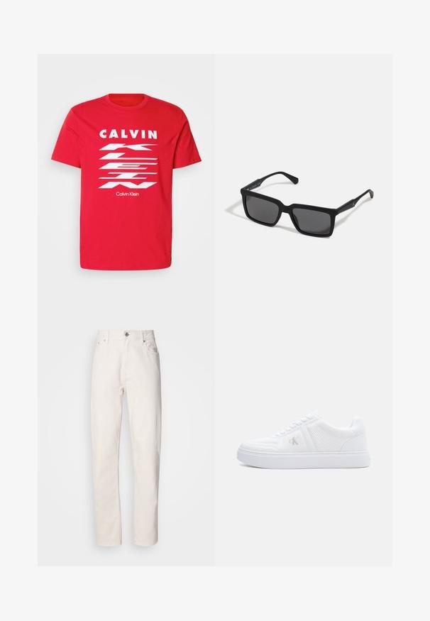 Červené bavlnené tričko s výrazným bielym textom "CALVIN KLEIN" a diagonálnym pruhovaným dizajnom. Krátke rukávy a okrúhly výstrih.; Rovné biele džínsy z denimu s gombíkovým a zipsovým zapínaním, pútka na opasok a predné a zadné vrecká, zobrazené na jednoduchom pozadí.; Biela nízka teniska z textúrovaného materiálu, so šnurovaním, plochou podrážkou a nenápadným logom "cK" na bočnom paneli.; Čierne slnečné okuliare s obdĺžnikovými šošovkami, matným povrchom, hrubými rámami a štíhlymi stranicami s jemným brandingom.
