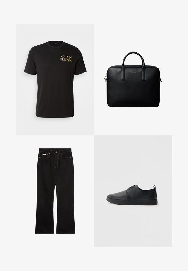 Must must t-särk lühikeste varrukatega, millel on ees vasakul rinnal kuld- ja valget kirja "CALVIN KLEIN CK". Klassikaline ümmargune kaelus.; Mustad sirgelõikelised teksad oranži õmblusega, viis taskut, nööpkinnitus ja väike Calvin Kleini silt ees paremal taskul.; Mustaläik nahast spordijalatsid siledaga viimistlusega, ümarate varvastega, sama tooni õmblustega, nööbid ees, ja lamedate kummist tallaga. Kannas aas.; Mustast tekstuuriga nahast portfell kahe käsitsemisvõimalusega ja hõbedaste tõmblukuga, valge tausta keskel.