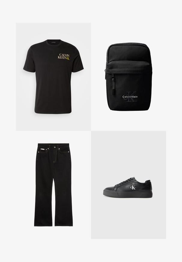 Must must t-särk lühikeste varrukatega, millel on ees vasakul rinnal kuld- ja valget kirja "CALVIN KLEIN CK". Klassikaline ümmargune kaelus.; Mustad sirgelõikelised teksad oranži õmblusega, viis taskut, nööpkinnitus ja väike Calvin Kleini silt ees paremal taskul.; Musthave nahkakengad ümarate varvastega, lame musta tallaga ja sama tooni paeladega. Küljel on hõbedane logo, pind on sile.; Must Calvin Kleini ristihoidja kott esitasku tõmblukuga, reljeefse "cK" logoga ja valge tikitud brändinimega.