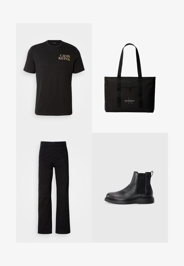 Must must t-särk lühikeste varrukatega, millel on ees vasakul rinnal kuld- ja valget kirja "CALVIN KLEIN CK". Klassikaline ümmargune kaelus.; Mustad puuvillased püksid sirge jala lõikega, varustatud nööpkinni ja vöökonksudega. Sile tekstuur ja minimalistlik stiil ilma nähtavate mustriteta.; Mustad mustad Chelsea saapad, millel on tekstuuriga viimistlus, elastsed külgtaskud ja vastupidav kummist tald. Discreetne bränding kontsapuntšel.; Must Calvin Kleini kandekott kahe pika sangaga ja esikotiga, brändi valge ja halli logoga.