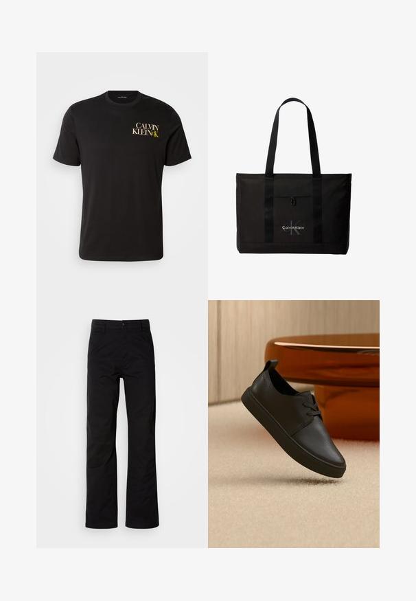 Must must t-särk lühikeste varrukatega, millel on ees vasakul rinnal kuld- ja valget kirja "CALVIN KLEIN CK". Klassikaline ümmargune kaelus.; Mustad puuvillased püksid sirge jala lõikega, varustatud nööpkinni ja vöökonksudega. Sile tekstuur ja minimalistlik stiil ilma nähtavate mustriteta.; Must nahast vabaajajalats nööridega, hõljumas beežil vaibal, taustal merevaigukarva ümarguse klaasist laua.; Must Calvin Kleini kandekott kahe pika sangaga ja esikotiga, brändi valge ja halli logoga.