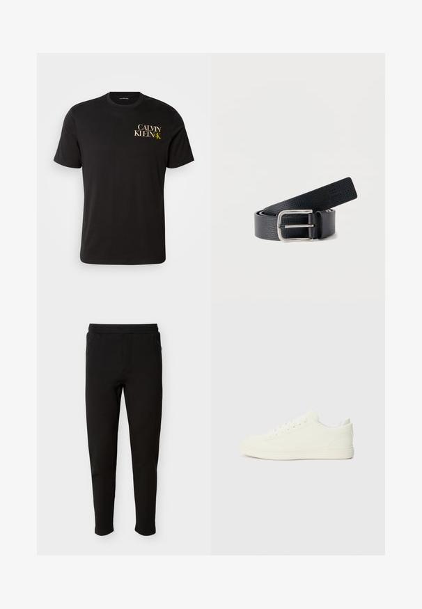 Must must t-särk lühikeste varrukatega, millel on ees vasakul rinnal kuld- ja valget kirja "CALVIN KLEIN CK". Klassikaline ümmargune kaelus.; Mustad õhukesed püksid elastse vöökohaga ja tõmblukuga küljetaskutega, disainitud mugavuse ja vabaaja kandmiseks.; Valged tossud, millel on sile tekstuuriga pealne, ümar varvas ja traditsiooniline paeltega kinnitamine, minimalistlik disain ja kummist tallad.; Mustast nahast rihm tekstuurse viimistlusega, hõbedane metallist pandla ja minimalistliku disainiga. Pandla lähedal on nähtav brändi logo.