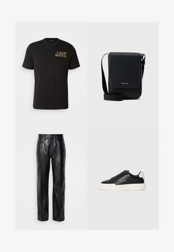 Must must t-särk lühikeste varrukatega, millel on ees vasakul rinnal kuld- ja valget kirja "CALVIN KLEIN CK". Klassikaline ümmargune kaelus.; Mustad nahkpüksid sirge lõikega. Omadusteks on nööp sulgemine ja eesmine taskud, näidates sujuvat tekstuuri ja minimaalset õmblust.; Mustad musta nahast jooksutossud valge kummist tallaga. Omavad ümmargust ninakujuga disaini, paeltega kinnitust ja logo detaili külgedel. Tagumine aktsent on valge.; Must Calvin Kleini õlakott klapiga, reguleeritava rihmaga ja väikese kuldse logoga ees, valge ühevärvilise tausta taustal.