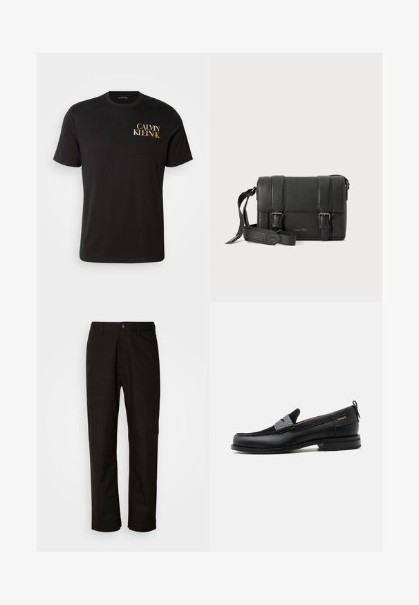 Must must t-särk lühikeste varrukatega, millel on ees vasakul rinnal kuld- ja valget kirja "CALVIN KLEIN CK". Klassikaline ümmargune kaelus.; Mustad puuvillased püksid sirge lõikega, vöökohaga, esi tõmblukuga ja ühe nupuga sulgemisega. Sile tekstuur, ilma nähtavate mustriteta.; Must nahast loafer halli rihma detailiga, madala kand ja tekstuurse tallaga, külgedel kuldse "HUGO" brändiga.; Must have värvi nahast rinnakott tekstureeritud viimistlusega, kahekordselukuga ja reguleeritava rihmaga. Ees on reljeefne logo.