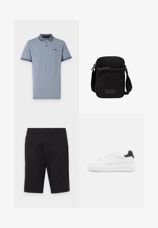 Polo shirt in lichtblauw katoen, met een contrasterende kraag met marineblauwe accenten, een placket met twee knopen en een klein logo op de borst.; Zwarte shorts van een lichtgewicht stof. Voorzien van een knoopsluiting, riemlussen, twee zijzakken en een rechte snit.; Witte leren sneaker met een zwarte haklip, platte veters, gestructureerde tussenzool en branding aan de buitenzijde. Ontworpen voor casual gebruik.; Zwarte stoffen crossbody tas met een ritssluiting hoofdcompartiment, leren accenten, een voorkantvak en een verstelbare band. Marc O'Polo logo zichtbaar.