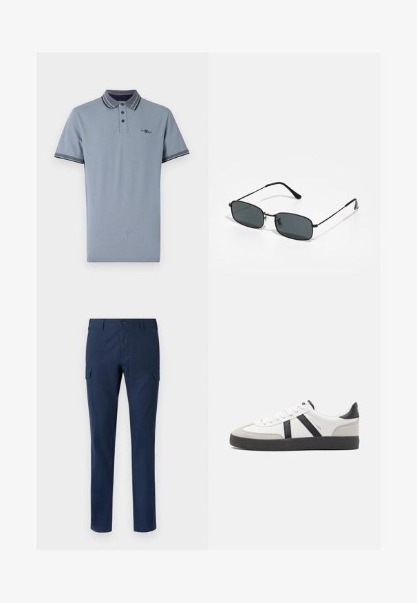Polohemd aus Baumwolle in Hellblau, mit einem kontrastierenden Kragen in Marineblau, einer Knopfleiste mit zwei Knöpfen und einem kleinen Logo auf der Brust.; Marine Cargo-Hosen aus Baumwolle, mit Seitentaschen, Knopfverschluss, geraden Beinen und einer glatten Textur.; Weiße Sneaker mit schwarz- und grau-aczenten, ausgestattet mit einer strukturierten grauen Zehenkappe, schwarzer Gummi-Sohle und flachen weißen Schnürsenkeln. Sauberes Design, minimalistische Stil.; Schwarze rechteckige Sonnenbrille mit dünnem Metallrahmen und dunklen Gläsern, die auf einer weißen Oberfläche liegt.