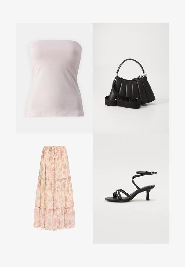 Strapless top in zachte lichtroze stof, nauwsluitend ontwerp met een gladde textuur en eenvoudige silhoët, met een rechte snit aan de zoom.; Lange beige rok met roze bloemenpatroon, elastische tailleband met trekkoord en gelaagde ruches.; Even&Odd Wide Fit Sandalen - black; Zwarte geplooide handtas met een ronde handgreep, verstelbare schouderriem en glanzende textuur. Heeft zilveren hardware en een gestructureerde silhoutte.