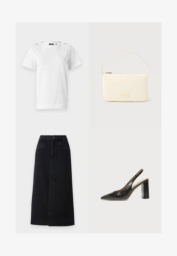 T-shirt blanc à manches courtes en tissu doux, avec des boutons décoratifs dorés sur les épaules et un petit logo au niveau de l'ourlet.; Jupe midi en denim noir avec une coupe droite, fermeture par boutons à l'avant et poches latérales avec de subtils détails de couture.; Chaussure slingback en cuir noir à bout pointu avec un talon bloc haut et une doublure intérieure beige sur un fond clair uni.; Sac à main rectangulaire de couleur crème avec une seule sangle et une fermeture éclair sur le dessus, comportant une petite plaque de logo embossé à l'avant.