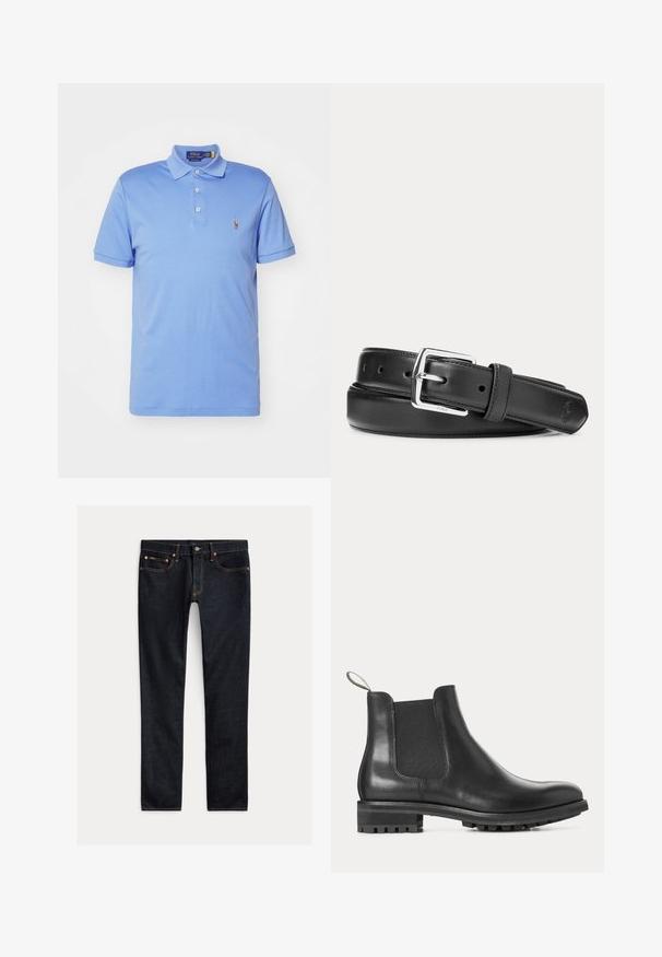 Lyseblå polo skjorte lavet af bomuld, med krave, tre-knaps lukning og et lille broderet logo på venstre bryst.; Mørkeblå slim-fit jeans med fem lommer, knaplukning og kontrastsyning lagt fladt på en lys baggrund.; Sort læder Chelsea-støvle med elastiske sidepaneler, trækstrop bagpå, riffel-gummisål og lav hæl, vist i profil.; Sort læderbælte med sølvfarvet rektangulært spænde, rullet sammen på en hvid baggrund, med et diskret præget logo på spidsen.