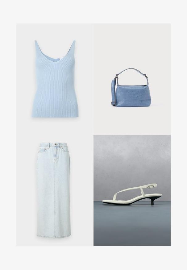 Débardeur à rayures bleu clair avec un décolleté en V profond et des bretelles larges, fabriqué dans un matériau doux et extensible. Présente une silhouette ajustée.; Jupe maxi en denim bleu clair avec un design droit, fermeture à boutons sur le devant et couture visible. Elle comporte deux poches avant.; Sandale blanche à talon kitten avec des lanières et un bout pointu, flottant au-dessus d'un sol en carrelage en bois en plein air avec un arrière-plan flou de plante et de mur.; Sac à main bleu clair embossé façon crocodile avec une poignée courte et une bandoulière amovible. Texture lisse avec une fermeture éclair.